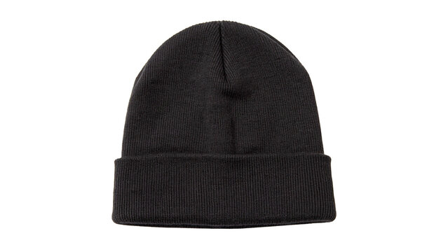 Classic plain black cotton beanie hat template mockup front view for winter apparel fashion design on transparent background