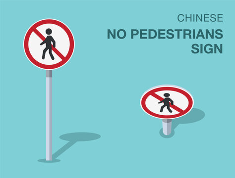 Traffic regulation rules. Isolated chinese "no pedestrians" road sign. Front and top view. Flat vector illustration template.