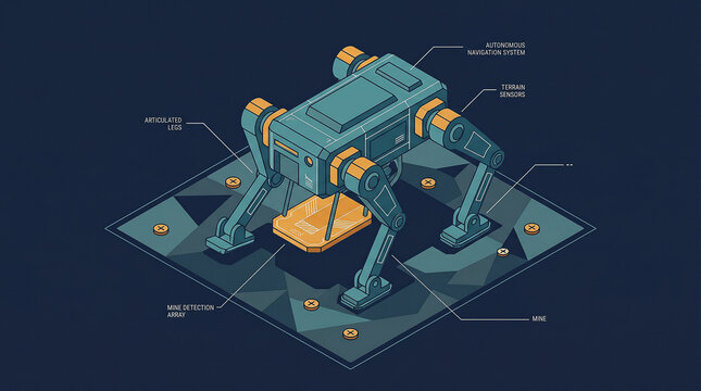 Demining robot with articulated legs and terrain sensors for mine clearance operations in post-war areas