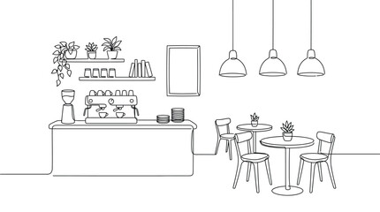 Fototapeta premium Continuous One Line Drawing of Modern Coffee Shop Interior Cafe Counter and Seating Area