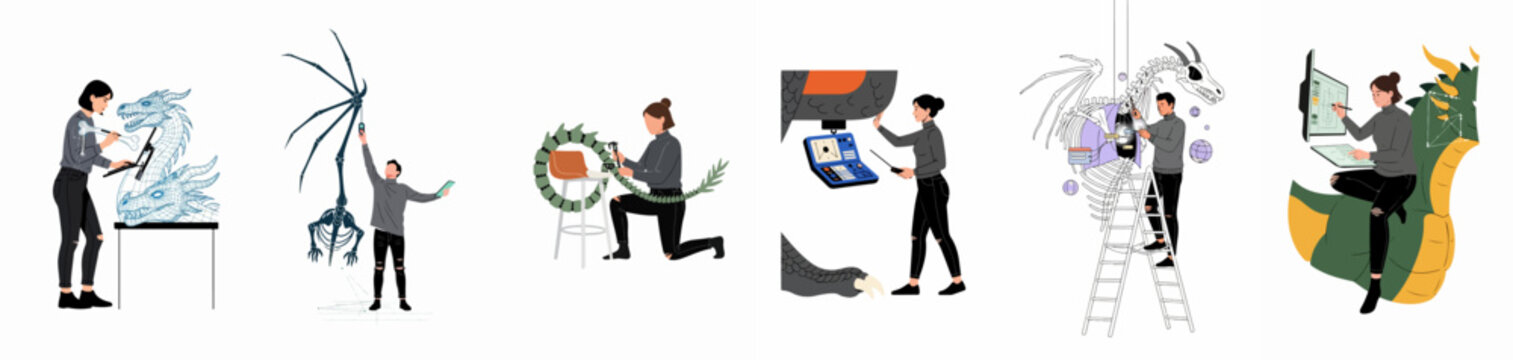 A series of flat vector illustrations depicting a professional team of developers and engineers designing and building a complex mechanical dragon.