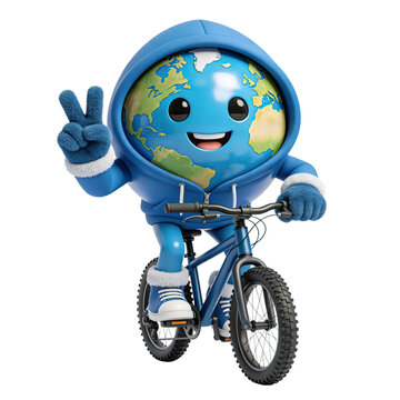 Cute Earth Character Riding Bicycle 3D Cartoon Eco Mascot Isolated on Transparent Background, Generative AI