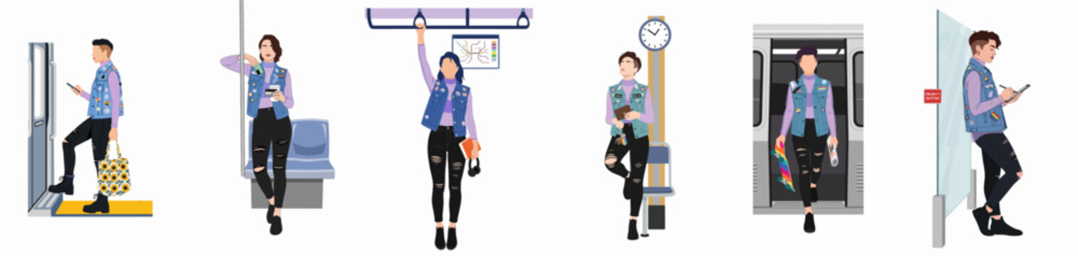 Flat illustration set featuring a non-binary person in various poses during a subway commute, wearing a denim vest with pride pins and ripped jeans.