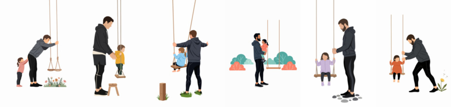 Set of flat vector illustrations depicting a father playing and interacting with his young daughter on a swing set.