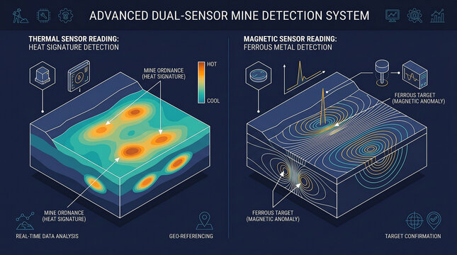 Advanced dual-sensor system detects landmines using thermal and magnetic readings for safety in mine clearance efforts