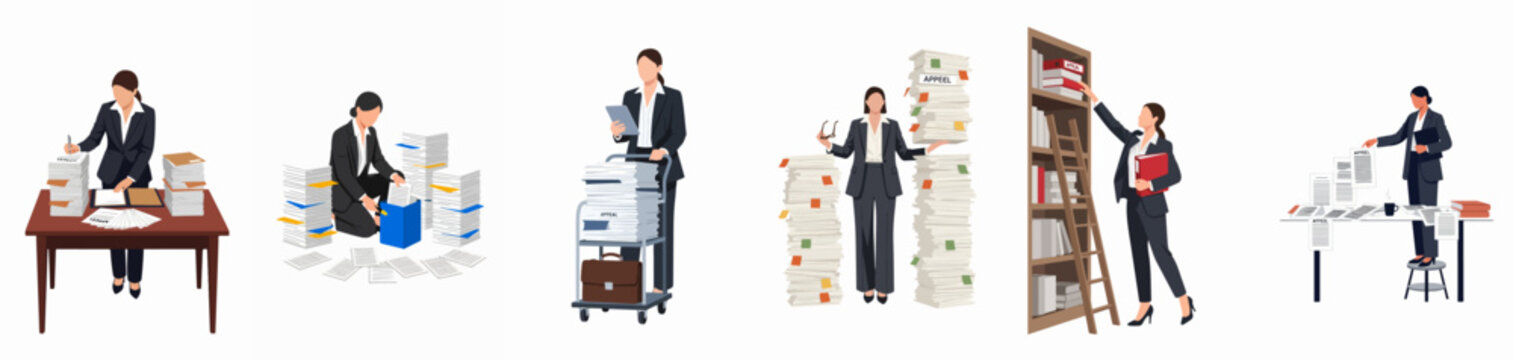 Set of illustrations depicting a businesswoman or lawyer managing an overwhelming amount of legal paperwork and case files in an office environment.