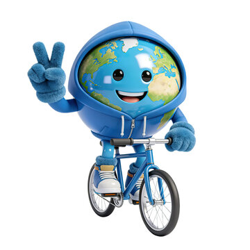 Cute Earth Character Riding Bicycle 3D Cartoon Eco Mascot Isolated on Transparent Background, Generative AI