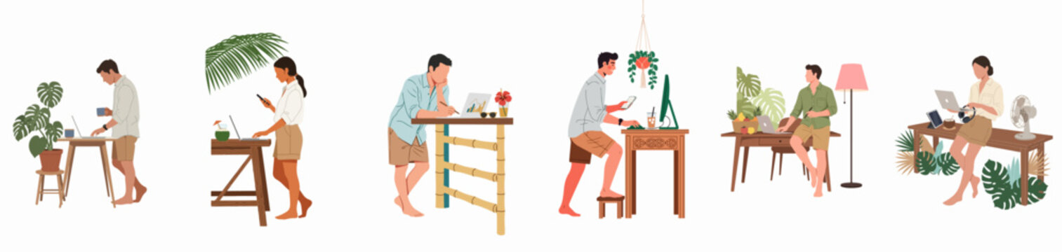 Collection of diverse digital nomads working remotely with laptops in various tropical and home office settings, flat vector illustration set on white background.