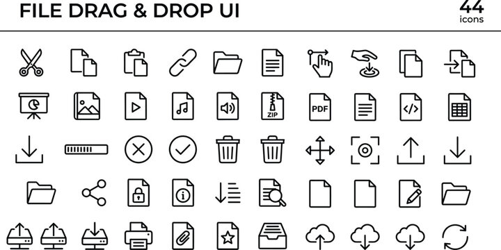 File drag and drop UI outline icon set with upload, download, document management and cloud storage symbols