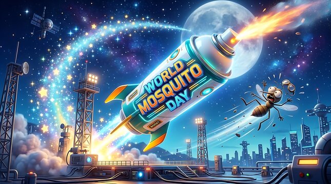 World Mosquito Day concept with a rocket shaped insect repellent spray bottle launching into space from city