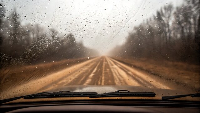 View through a dirty car windshield with rain drops on glass looking out at a muddy road in the countryside