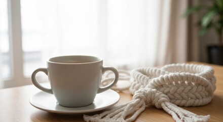 Fototapeta premium Cozy morning scene - Coffee cup and scarf on wooden table.