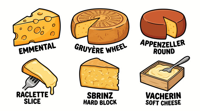 Various types of cheese on a table with labels including Emmental, Gruy&egrave;re Wheel, Appenzeller Round.