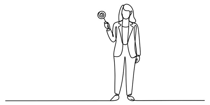 Continuous single line drawing of a business woman in a suit holding a sweet round lollipop candy in her hand as a symbol of fun and joy at work