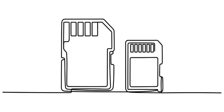 Continuous single line drawing of two different sizes of digital memory cards for camera and phone storage devices in a simple minimal art style