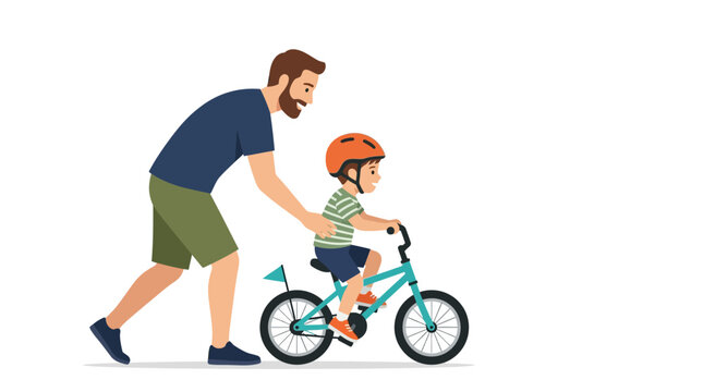 Father teaching his young son to ride a bicycle in the park.