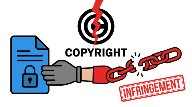 Vector illustration of copyright infringement concept with a hand stealing locked document, broken chain, lightning striking copyright symbol, and stamp.