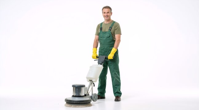 Smiling male janitor in green overalls operating a floor buffer machine. Commercial cleaner worker full length on white background