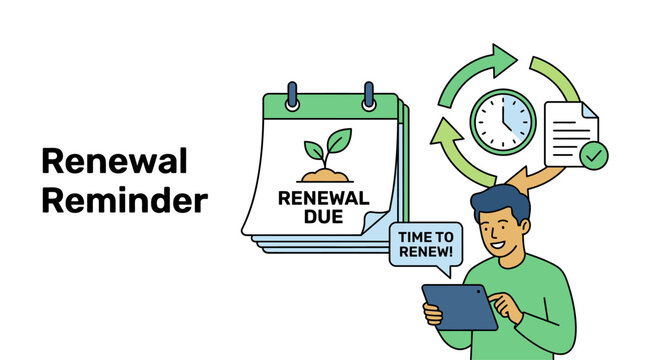 Vector illustration of a man holding a tablet with a calendar, clock, and document icon, symbolizing a renewal reminder for subscription or contract