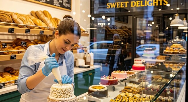 A baker is decorating a cake with white frosting and sprinkles in a bakery with a display case of various pastries and cakes.