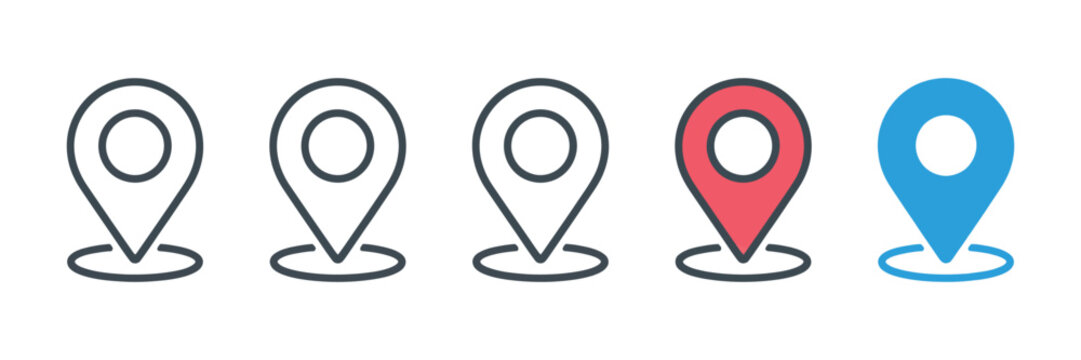 location map pin icons in multiple outline and filled styles, - for maps, navigation, address, directions, and POI marking. vector illustration