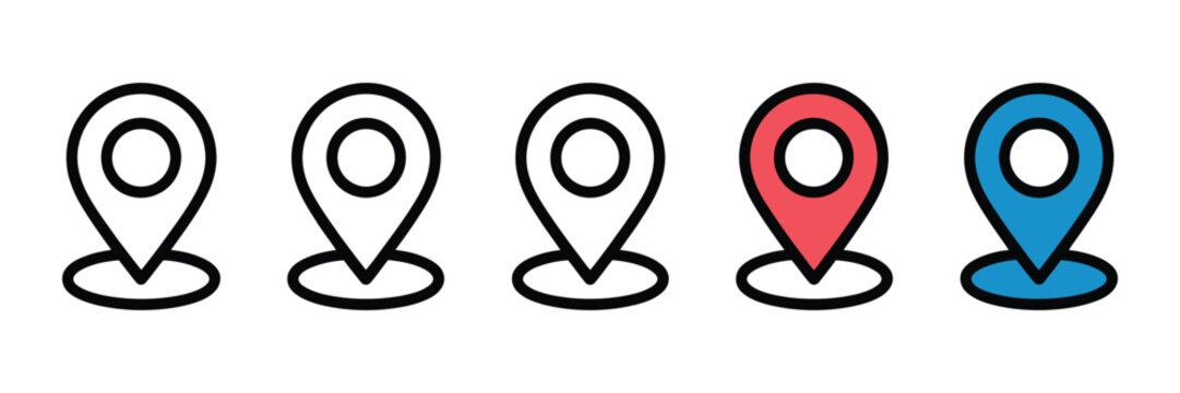 location map pin icons in multiple outline and filled styles, - for maps, navigation, address, directions, and POI marking. vector illustration