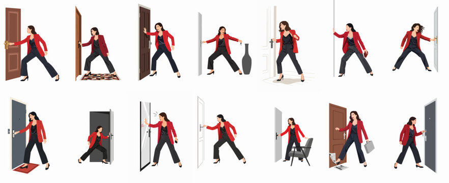 Vector illustration set of a frustrated businesswoman in a red blazer reacting to doors with anger, stress, and shouting in various situations.