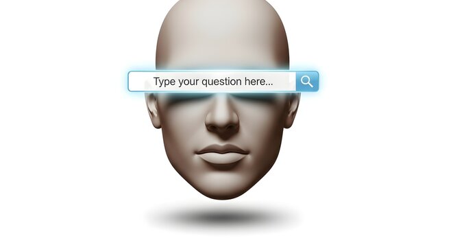 Virtual assistant head with search bar.