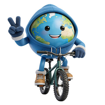 Cute Earth Character Riding Bicycle 3D Cartoon Eco Mascot Isolated on Transparent Background, Generative AI