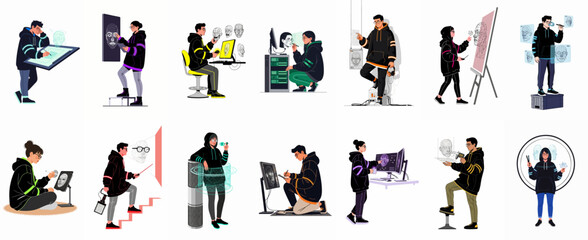 Fototapeta premium Set of flat vector illustrations depicting young tech professionals working with 3D modeling, artificial intelligence, facial recognition, and futuristic digital design interfaces.
