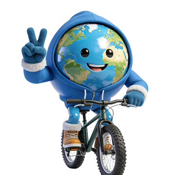 Cute Earth Character Riding Bicycle 3D Cartoon Eco Mascot Isolated on Transparent Background, Generative AI