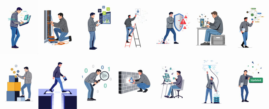 Vector Illustration Set of an IT Professional Performing Cybersecurity, Server Maintenance, Cloud Computing, and Software Development Tasks in Various Technical Scenarios