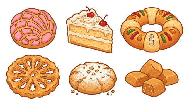 A colorful assortment of sweet baked goods and candies on a plain background including donuts and cake.