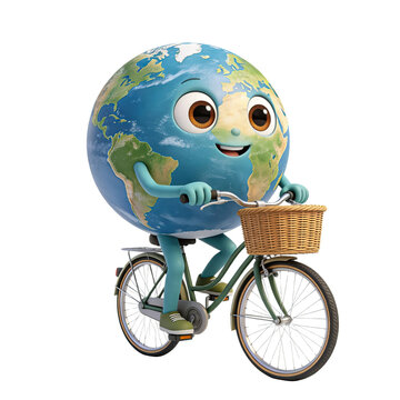 Cute Earth Character Riding Bicycle 3D Cartoon Eco Mascot Isolated on Transparent Background, Generative AI