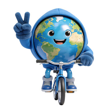 Cute Earth Character Riding Bicycle 3D Cartoon Eco Mascot Isolated on Transparent Background, Generative AI
