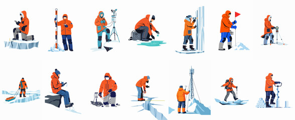 Set of vector illustrations showing polar researchers and explorers conducting scientific experiments and measurements in the Arctic and Antarctic regions. © Ricardo