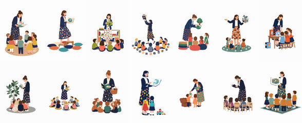 Fototapeta premium A collection of illustrations depicting a teacher reading stories and interacting with preschool children in diverse classroom and library settings.