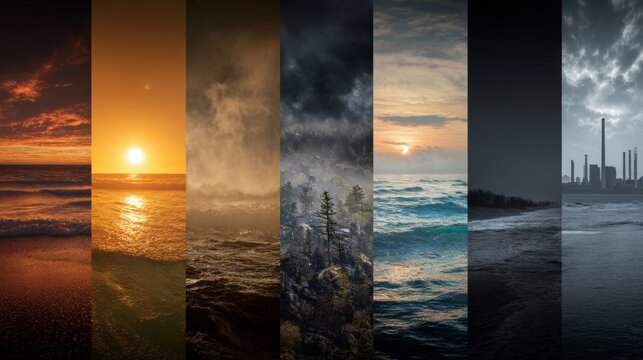 Different stages of the ocean from sunrise to night with changing weather and light