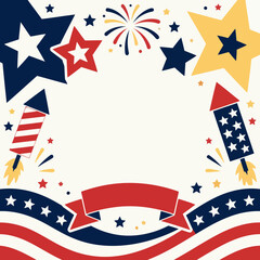 Obraz premium Fourth of July patriotic background featuring stars and fireworks framing the center on a white background with a festive holiday feel representing American pride with copy space.