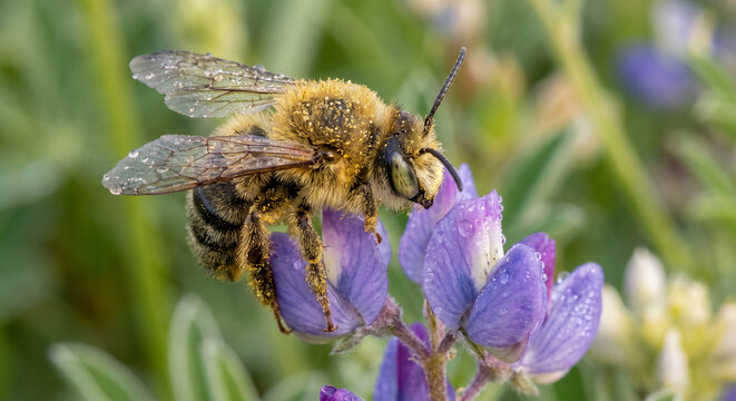 Close-up Fuzzy bee diligently foraging for nectar on a dew-kissed purple flower