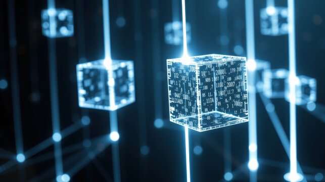 Abstract digital cubes float within dark space. Glowing lines connect structures, suggesting network or data flow. Futuristic concept.