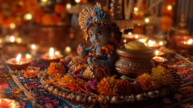 Little Krishna idol adorned with marigolds and oil lamps for celebration