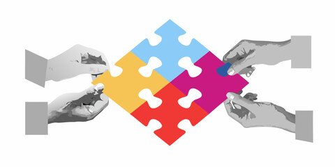 Fototapeta premium hands connecting colorful jigsaw puzzle pieces on white background
