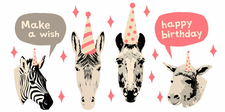 vector illustration of animals in party hats with speech bubbles