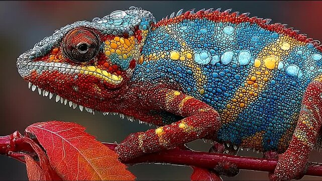 Vibrant Chameleon Perched on a Branch with Red Leaves.