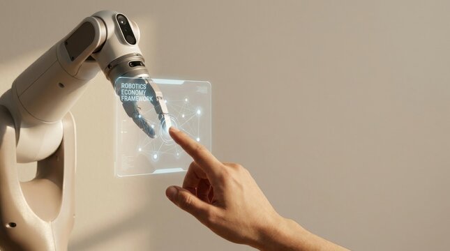 Person touching a robot in an innovative robotics economy framework conceptual environment