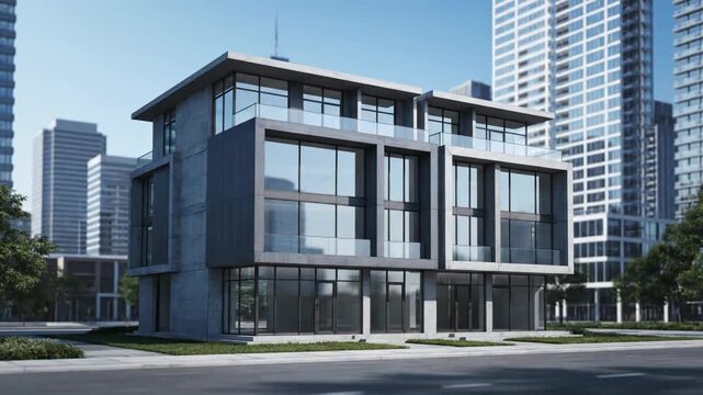 Modern building design evolves from wireframe to finished render. Architectural visualization showcases a contemporary structure in a city.
