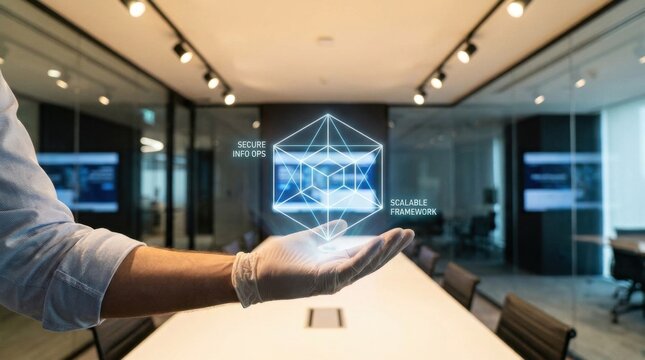 Individual holding a virtual representation of information operations symbolizing security and realistic technology