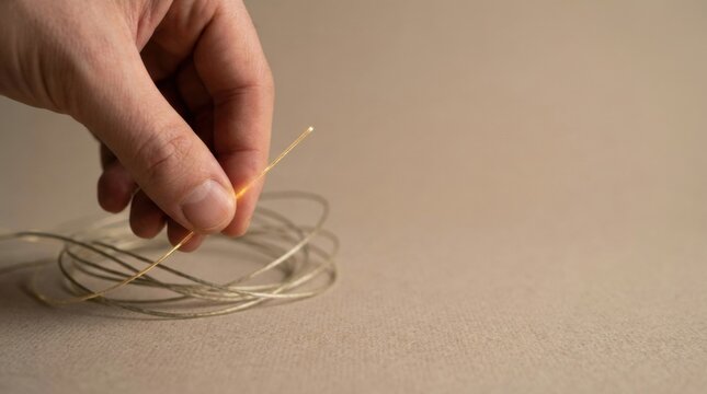 Person's hand holding a string representing signal extraction and connection in a metaphorical context of communication