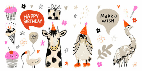 Fototapeta premium whimsical vector birthday collage with animals and party elements